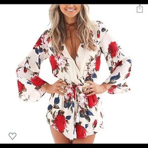 Red and white floral romper